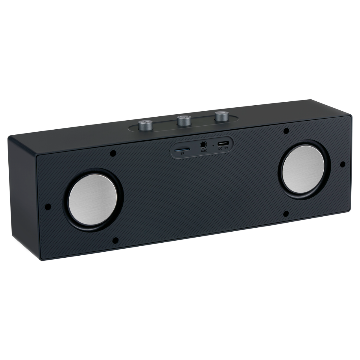 Een rechthoekige zwarte Bluetooth-luidspreker met zilveren luidsprekercovers en bedieningsknoppen bovenop. Heeft poorten voor TF, AUX en DC 5V.