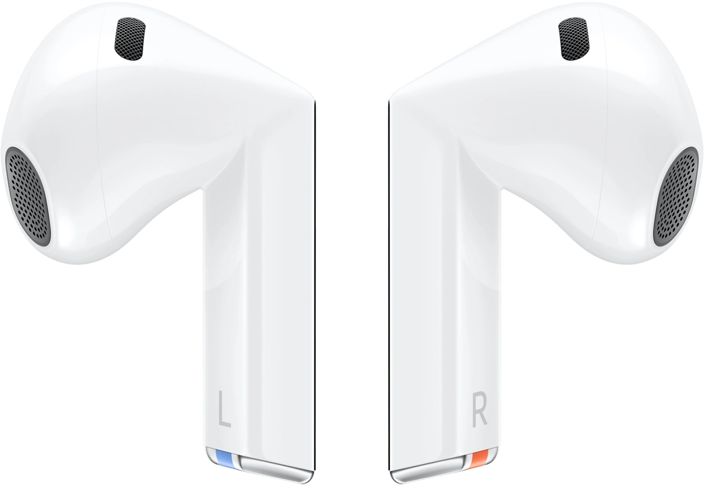 Dwa białe bezprzewodowe słuchawki, jeden z 'L' w kolorze niebieskim, drugi z 'R' w pomarańczowym, na białym tle.