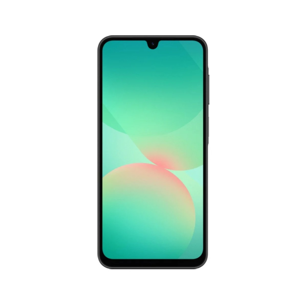 Smartfon z czarną ramką i zielonym gradientem na wyświetlaczu. Ekran ma wcięcie w kształcie kropli i abstrakcyjny wzór.