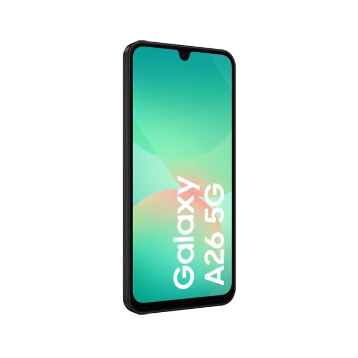 Wyświetlany jest smartfon Galaxy A26 5G. Ekran ma zielone i różowe gradienty. Telefon jest czarny.