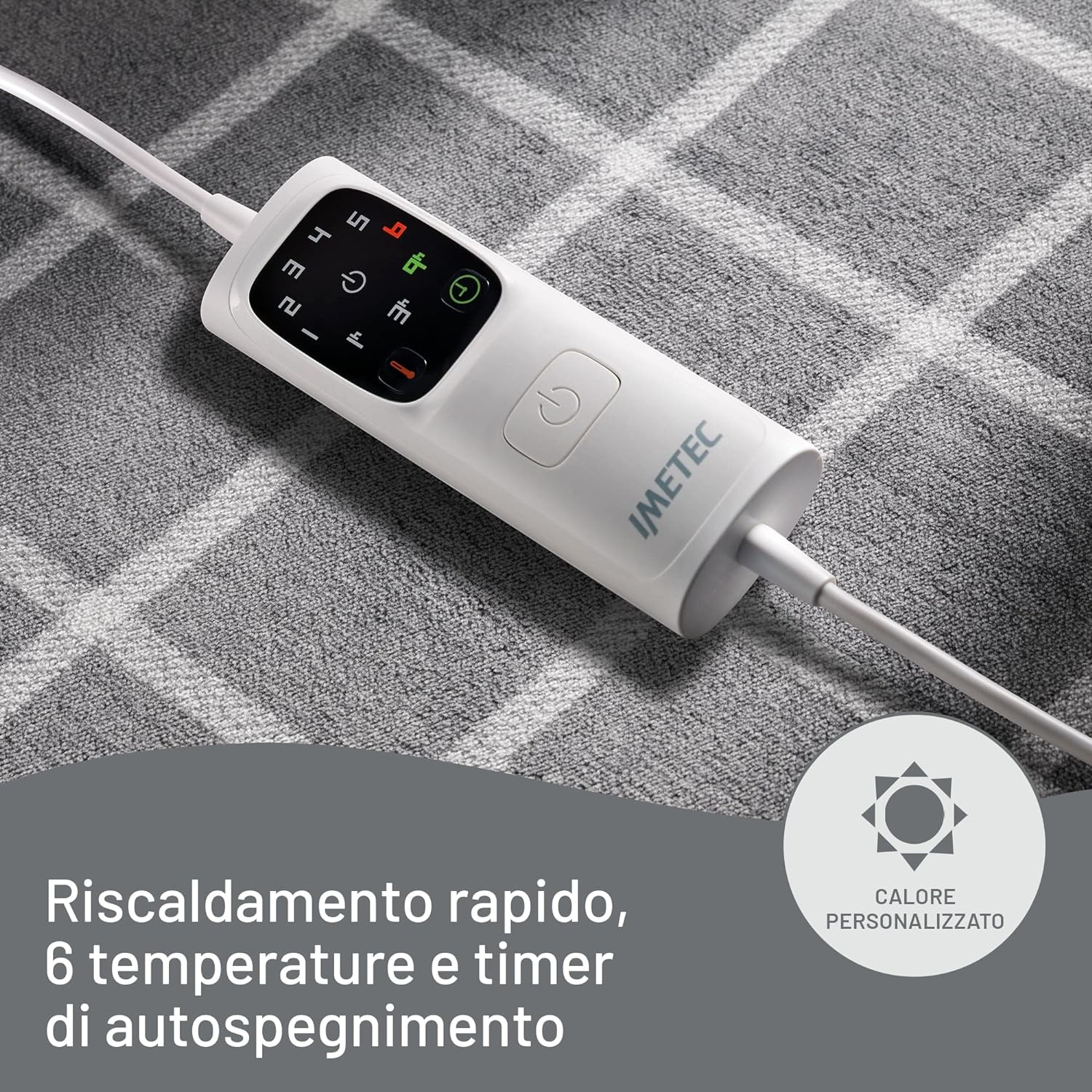 Un controlador IMETEC blanco con botones y luces descansa sobre una superficie gris estampada. El texto dice: 'Calentamiento rápido, 6 temperaturas, temporizador de apagado automático'.