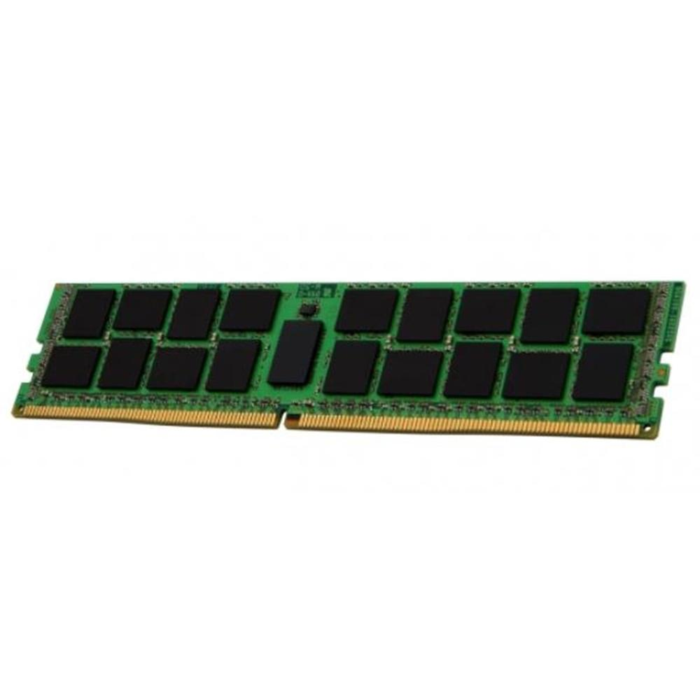 Un módulo de RAM verde con chips negros sobre fondo blanco. Conectores dorados en el borde inferior y placa de circuito verde.