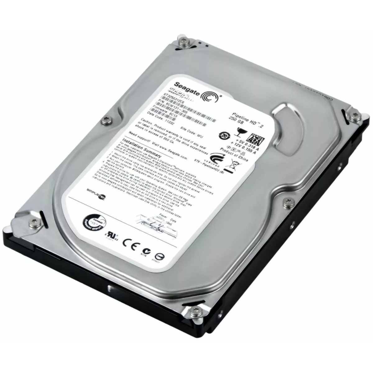 Un disco rigido Seagate con etichette e viti. Finitura metallica, bordi neri, etichette bianche e il logo del marchio.