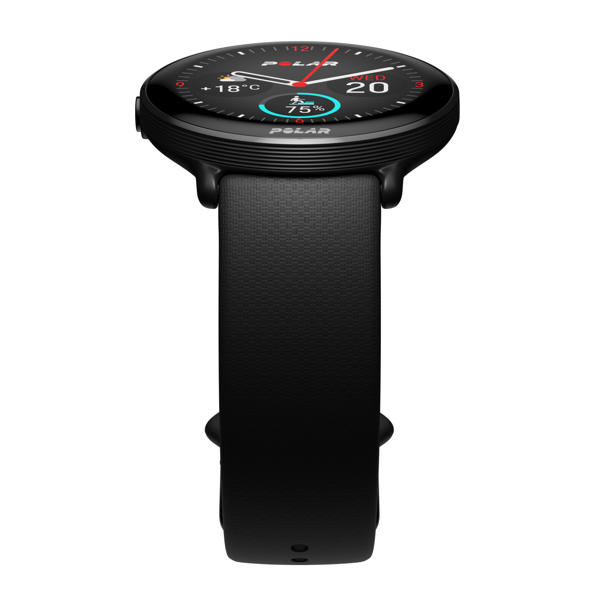 Czarny smartwatch Polar z czarnym paskiem, wyświetlający czas, datę, temperaturę i procent aktywności na ekranie.