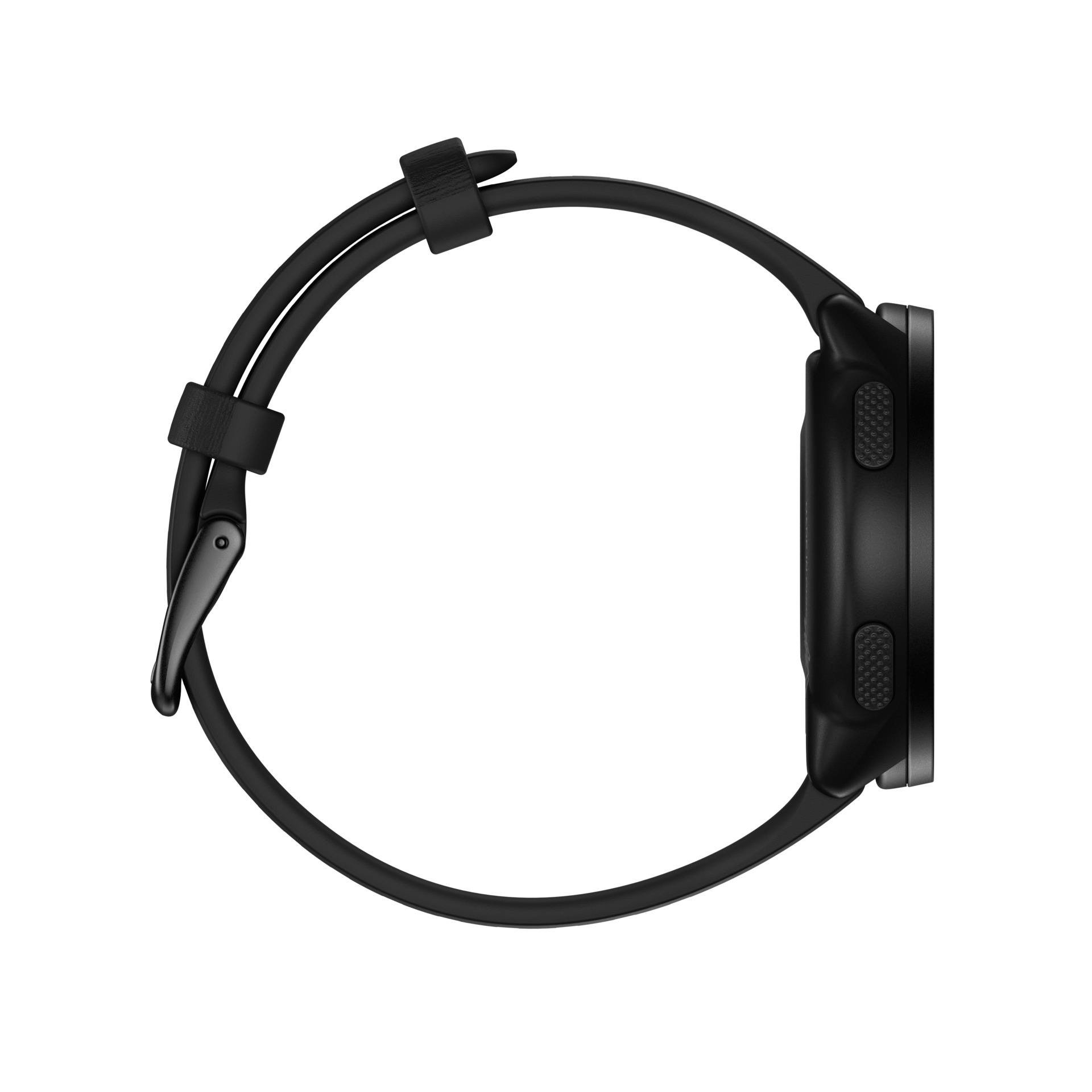 Widok z boku czarnego smartwatcha z czarnym paskiem. Zegarek jest na białym tle.