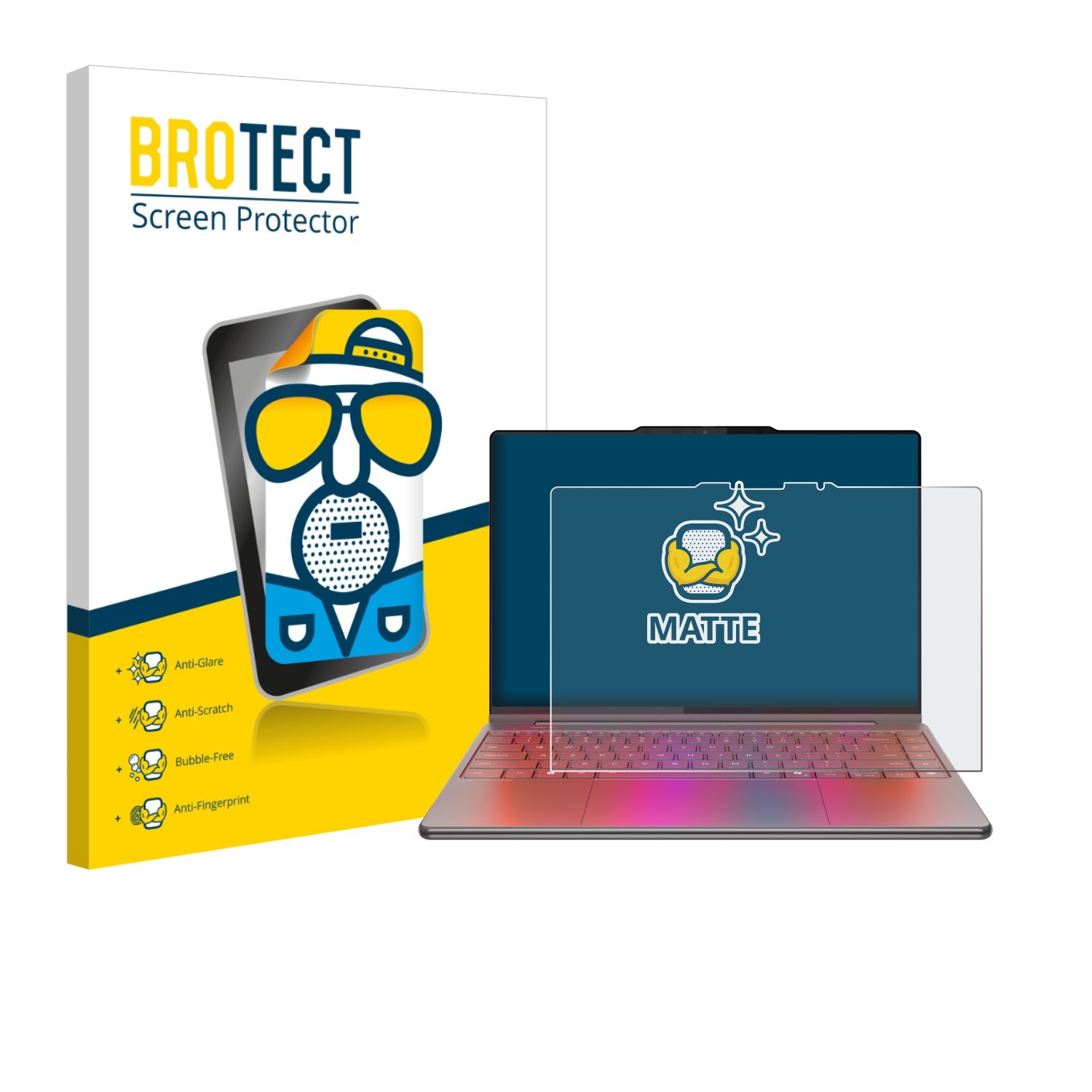 Ein Laptop mit Displayschutz, Produktverpackung mit Cartoonfigur und Text, der blendfrei und kratzfest anzeigt.