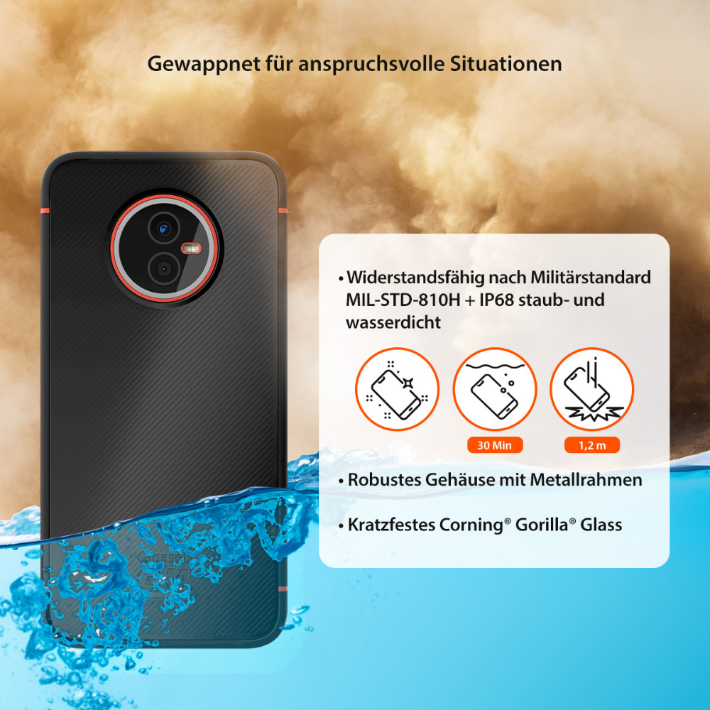 Czarny smartfon z czerwonymi akcentami jest częściowo zanurzony w wodzie. Tekst podkreśla trwałość i Gorilla Glass.