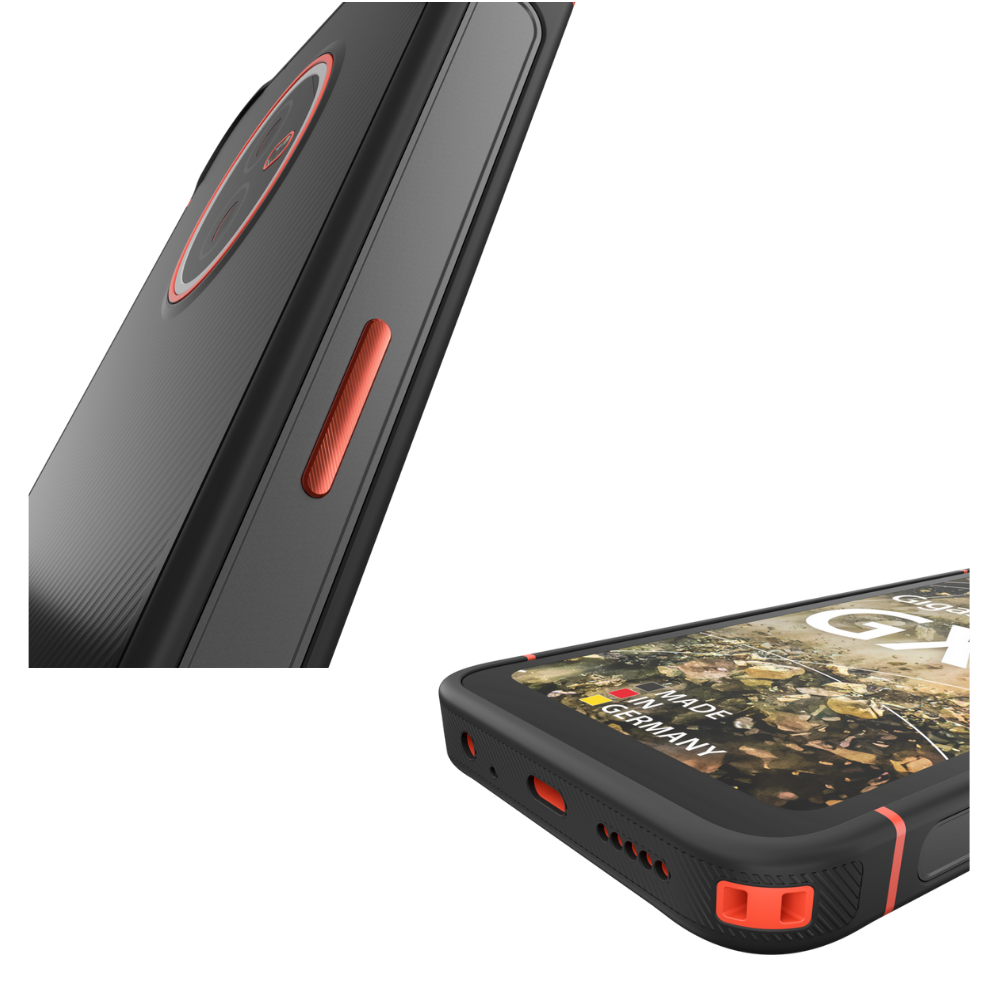 Zbliżenie czarnego telefonu z pomarańczowymi akcentami. Pokazuje bok z przyciskiem oraz dół z portami i napisem 'Made in Germany'.