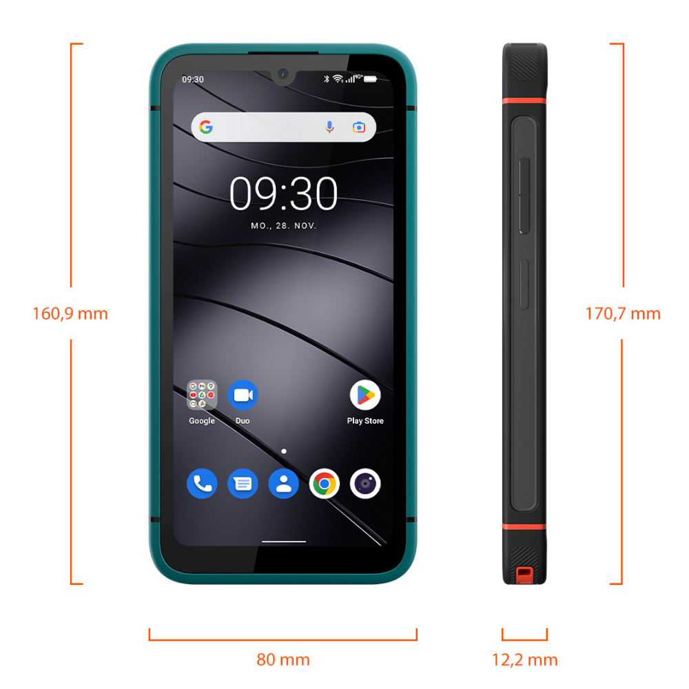 Smartfon z turkusową ramką, pokazujący godzinę 09:30, o wymiarach 160,9 mm x 80 mm x 12,2 mm i wysokości 170,7 mm.