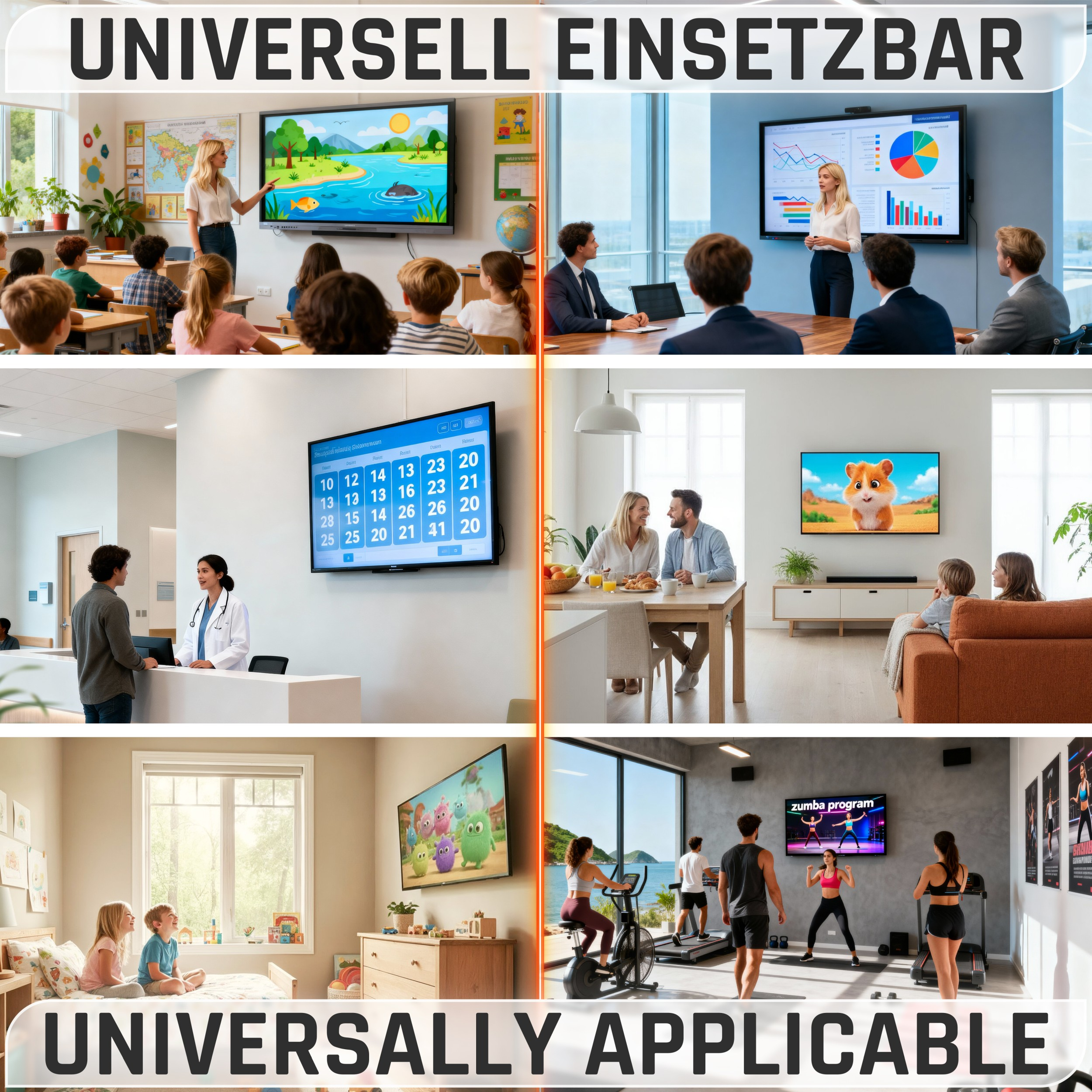 Das Bild zeigt verschiedene Umgebungen: Klassenzimmer, Büro, Krankenhaus, Zuhause und Fitnessstudio, mit Inhalten.