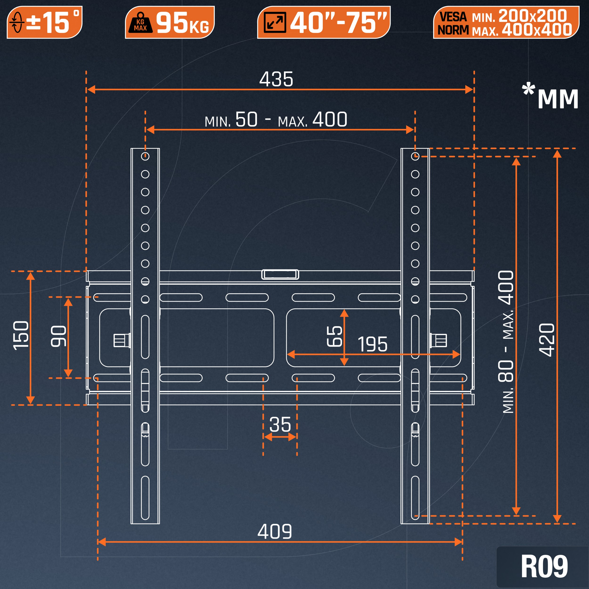 Diagramm einer schwarzen TV-Halterung mit Abmessungen, orangefarbenen Linien und Textbeschriftungen.