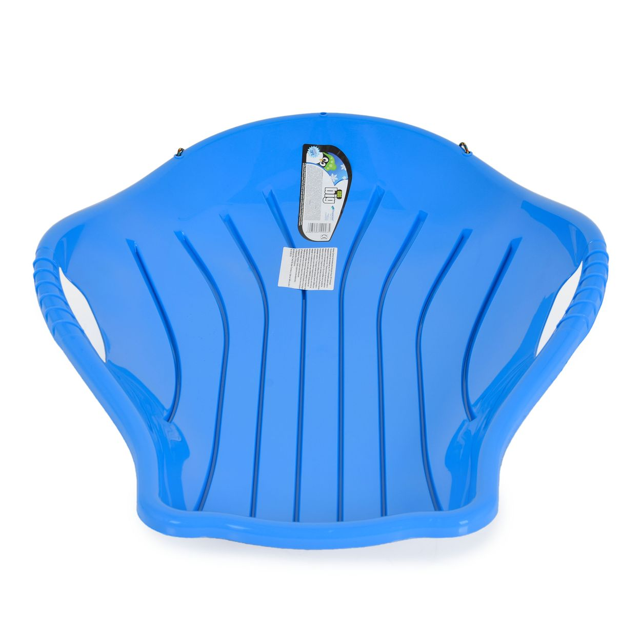 Uno slittino di plastica blu. Ha un design curvo con scanalature verticali e maniglie laterali. Un'etichetta è visibile in alto.