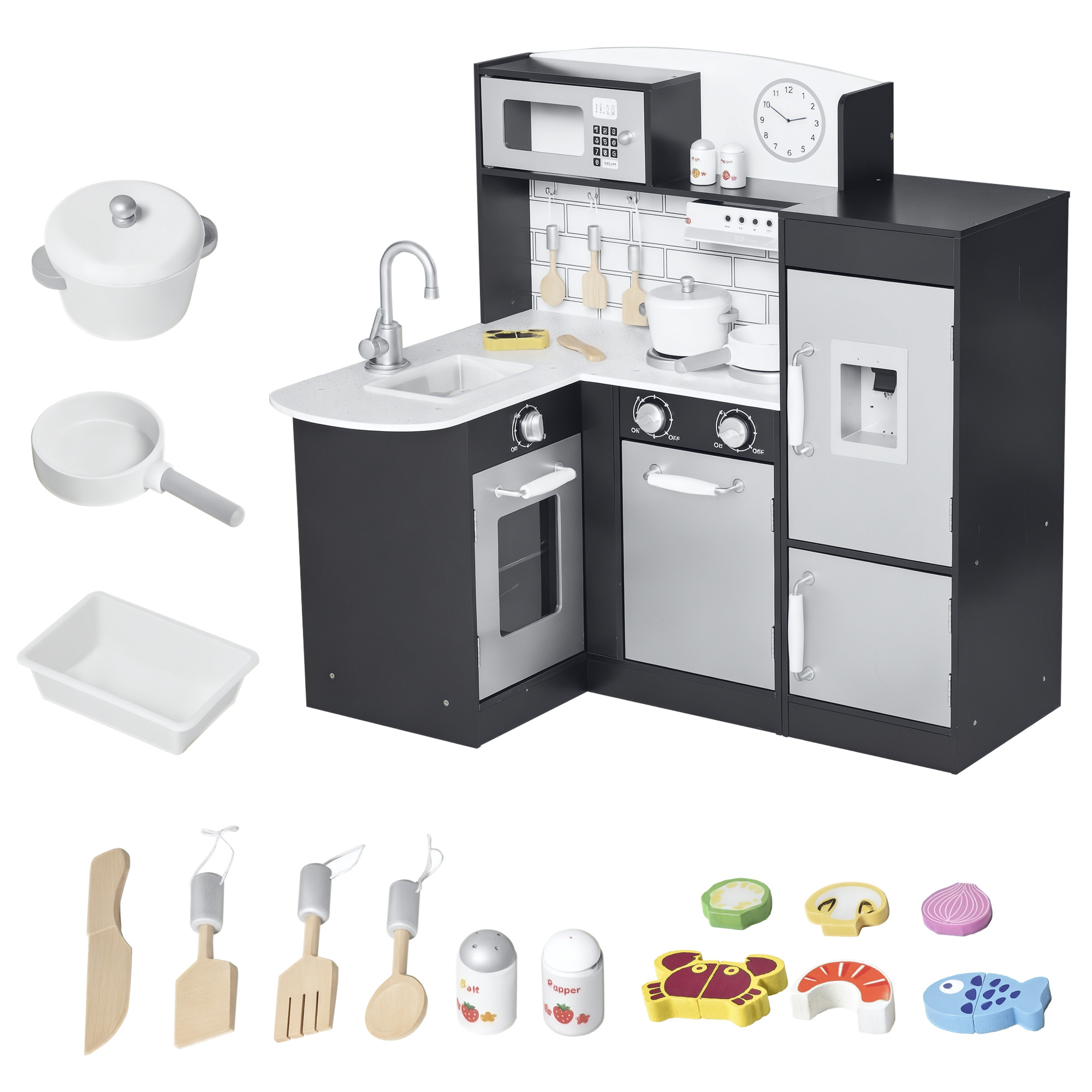 Un set da cucina giocattolo con microonde, lavandino, forno, frigorifero e vari cibi giocattolo.