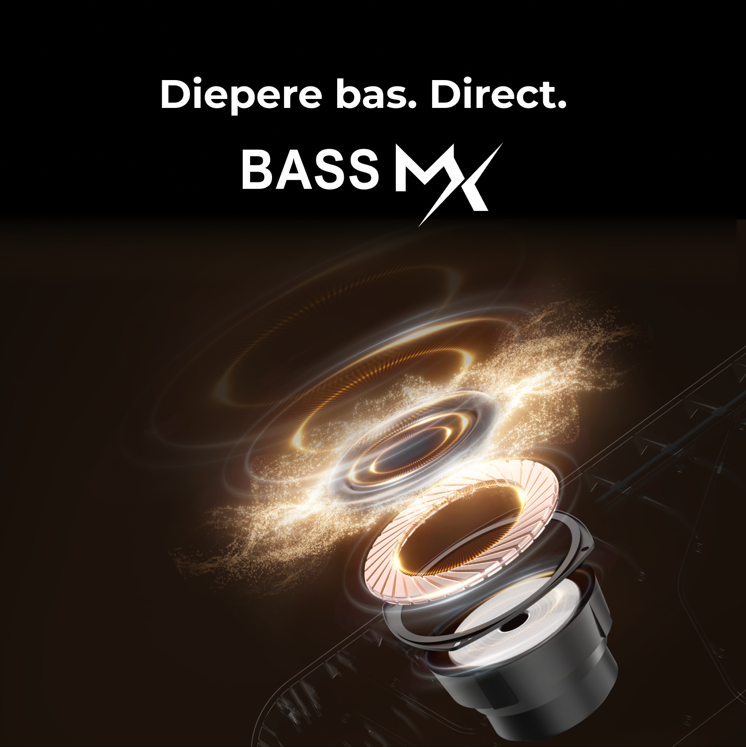Afbeelding van een luidspreker met geluidsgolven. Boven staat de tekst: 'Diepere bas. Direct.' Het merk is 'BASS MX'.