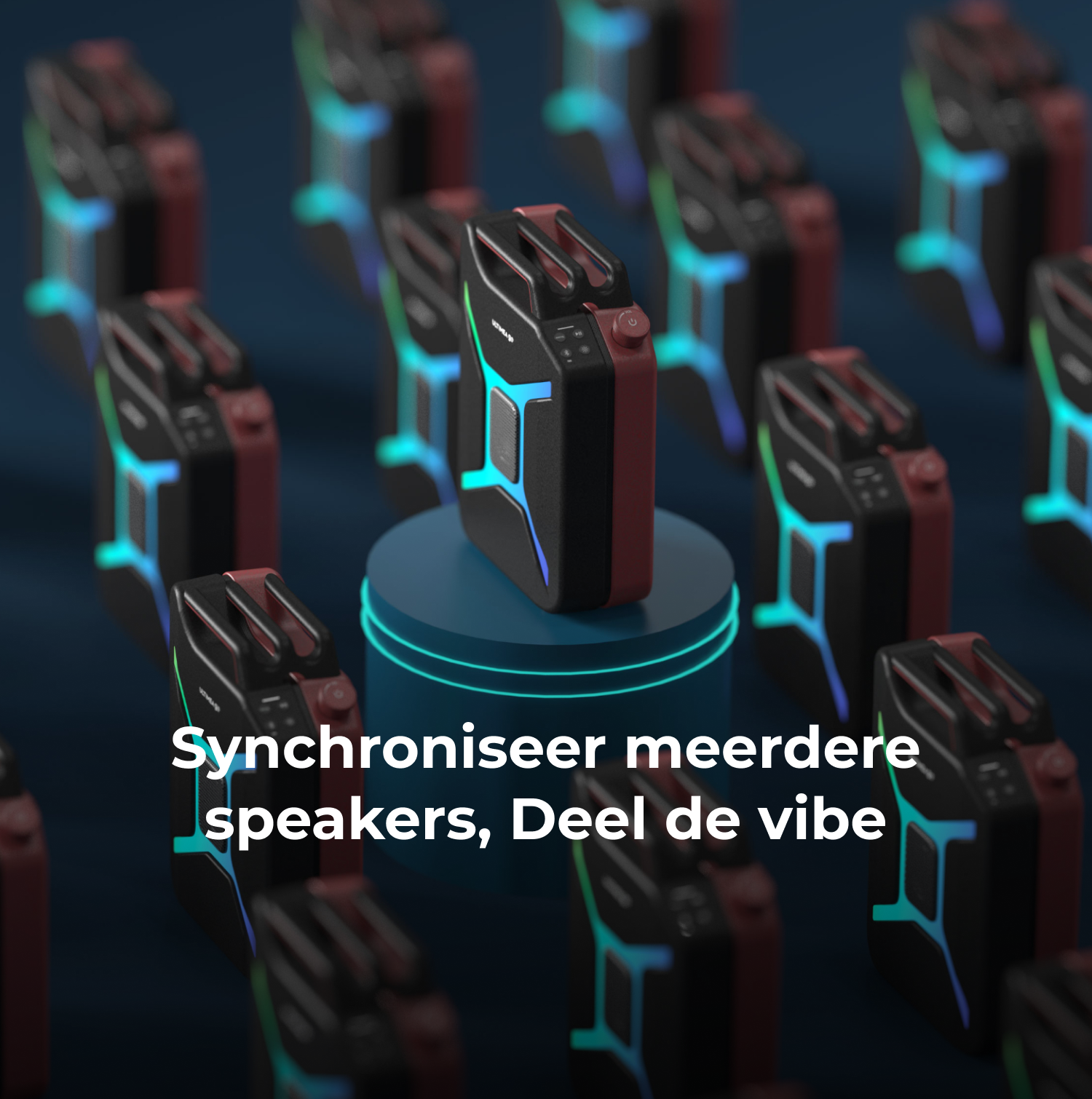 Zwarte en rode luidsprekers met blauwe en groene lichten. Eén luidspreker staat op een sokkel. Tekst: Synchroniseer meer speakers, deel de vibe.