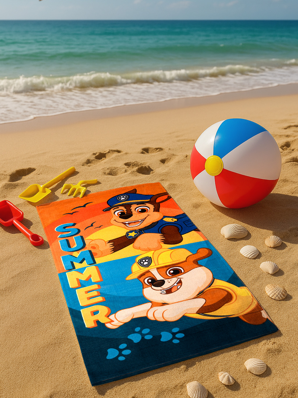 Strandszene mit Handtuch, Strandball und Spielzeug. Handtuch zeigt Paw Patrol Charaktere. Das Meer ist im Hintergrund.