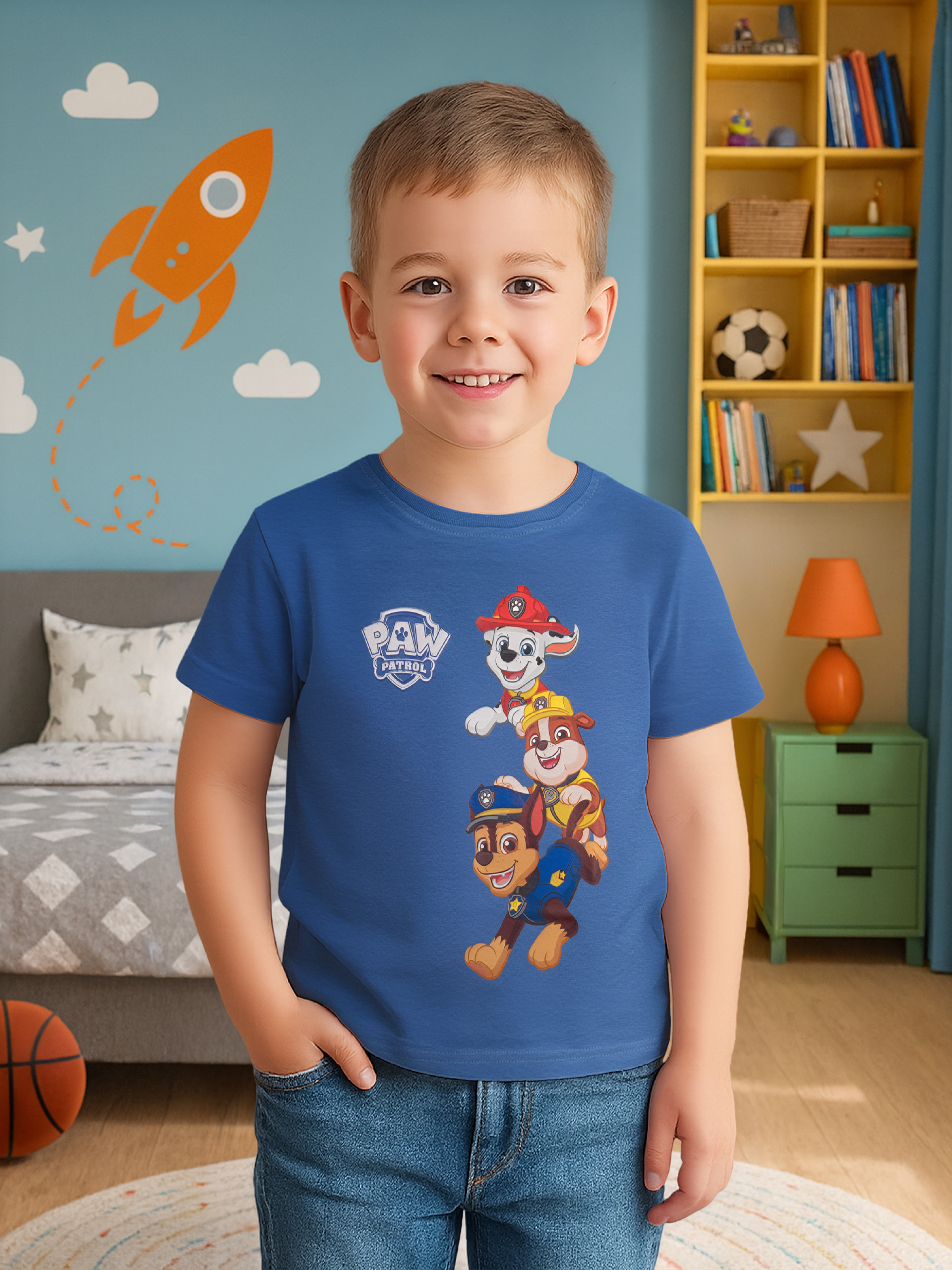 Ein Junge lächelt und trägt ein blaues Paw Patrol-Shirt. Eine Rakete ist an der blauen Wand. Regale und ein Bett sind im Hintergrund.