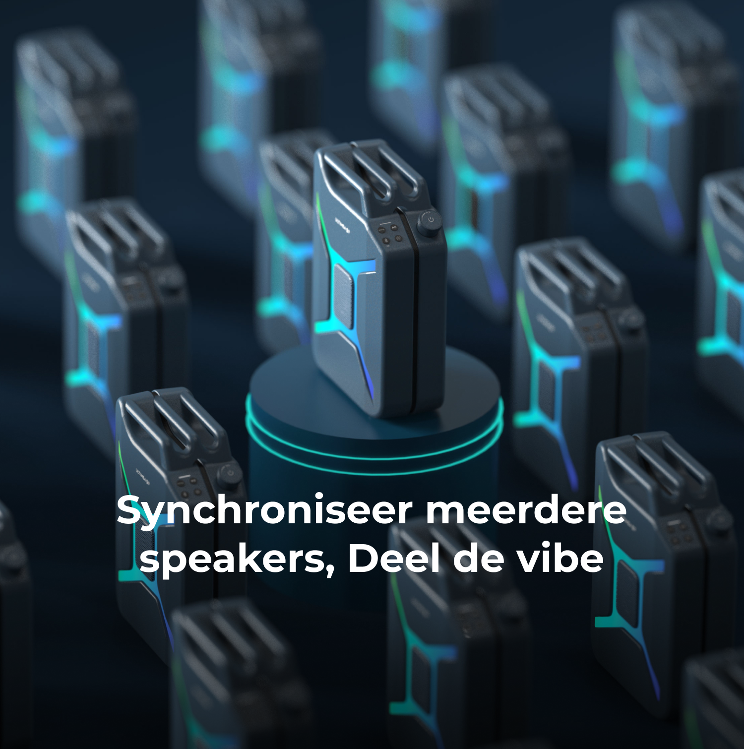 Een donker, futuristisch ontwerp van meerdere luidsprekers met neonblauwe en groene accenten. Eén luidspreker valt op een platform op.