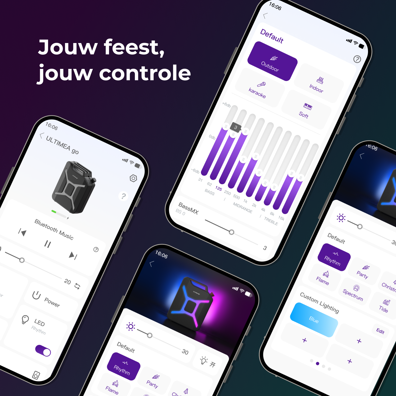 Drie telefoons tonen muziek-app-interfaces met luidsprekericonen en bedieningselementen op een donkere achtergrond.