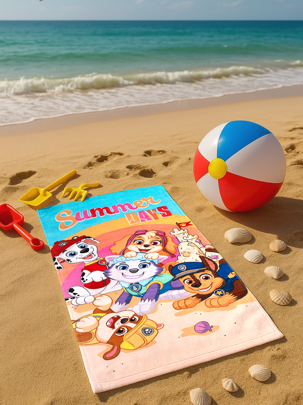 Strandszene mit einem Handtuch mit Paw Patrol-Figuren, einem Strandball, Muscheln und Sandspielzeug am Sandstrand.