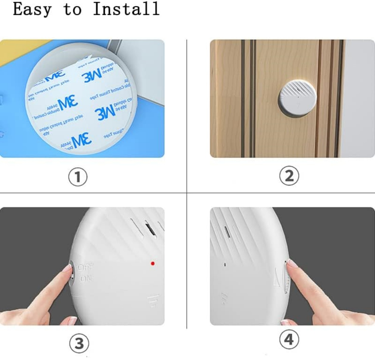 Das Bild zeigt Installationsschritte. Enthält Klebepads, eine Tür mit Sensor und eine Hand, die mit einem Gerät interagiert.