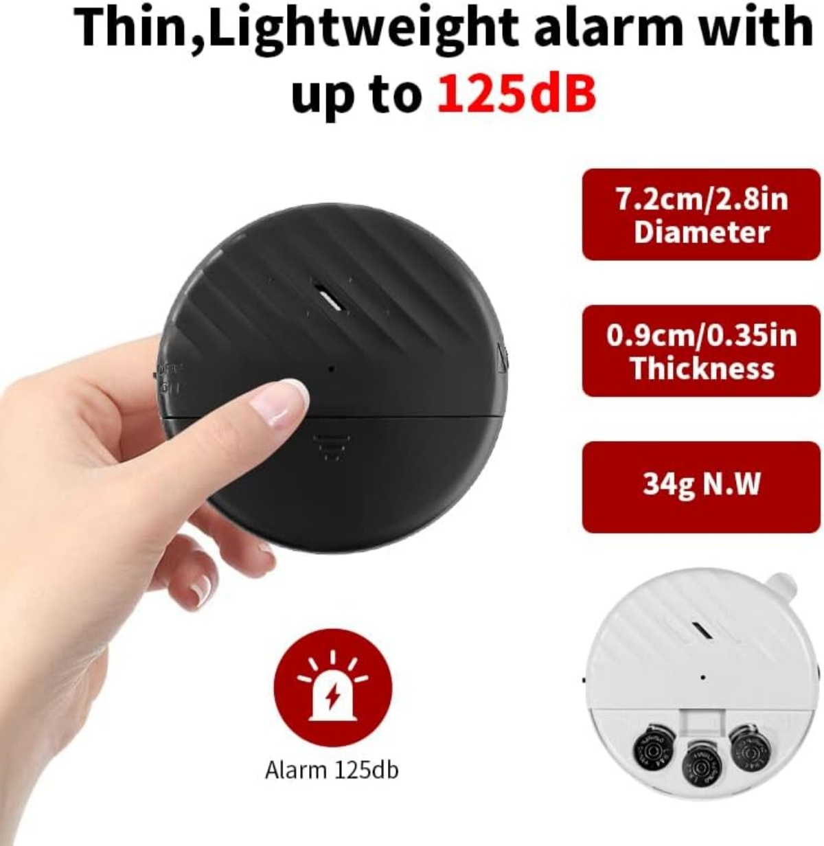 Eine Hand, die einen schwarzen, runden Alarm hält. Text lautet: Dünner, leichter Alarm mit bis zu 125 dB. Details: Durchmesser, Dicke, Gewicht und Alarmsymbol.