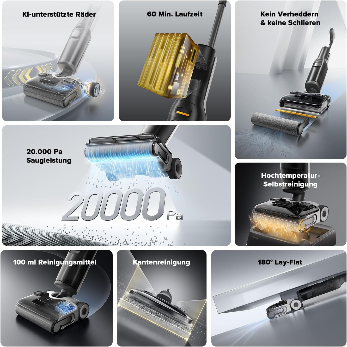 Das Bild zeigt ein Reinigungsgerät mit verschiedenen Funktionen: KI-Räder, 60-Minuten-Laufzeit, 20000 Pa Saugkraft, Selbstreinigung und mehr.