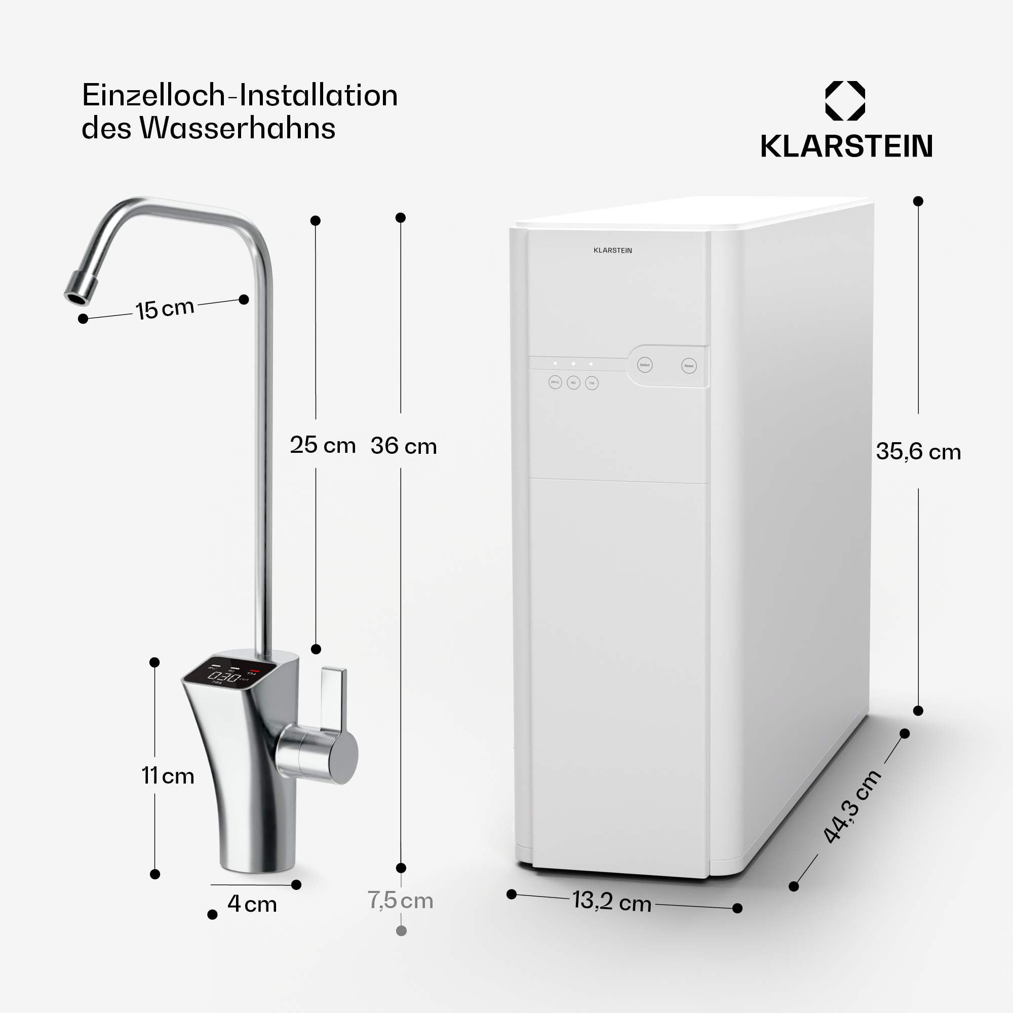 Ein verchromter Wasserhahn und ein weißes Wasserfiltersystem. Abmessungen sind angegeben. Klarstein-Logo auf dem Filter.