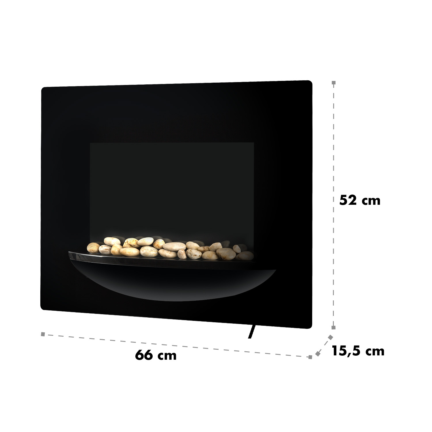 Caminetto nero con fronte curvo, riempito di ciottoli. Dimensioni: 66 cm di larghezza, 52 cm di altezza, 15,5 cm di profondità.