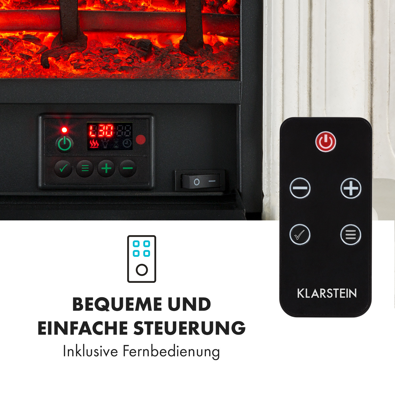 Elektrischer Kamin mit Bedienfeld und Fernbedienung. Der Kamin hat ein Digitaldisplay und verschiedene Tasten zur Einstellung. Die Fernbedienung hat einen Ein-/Ausschalter.