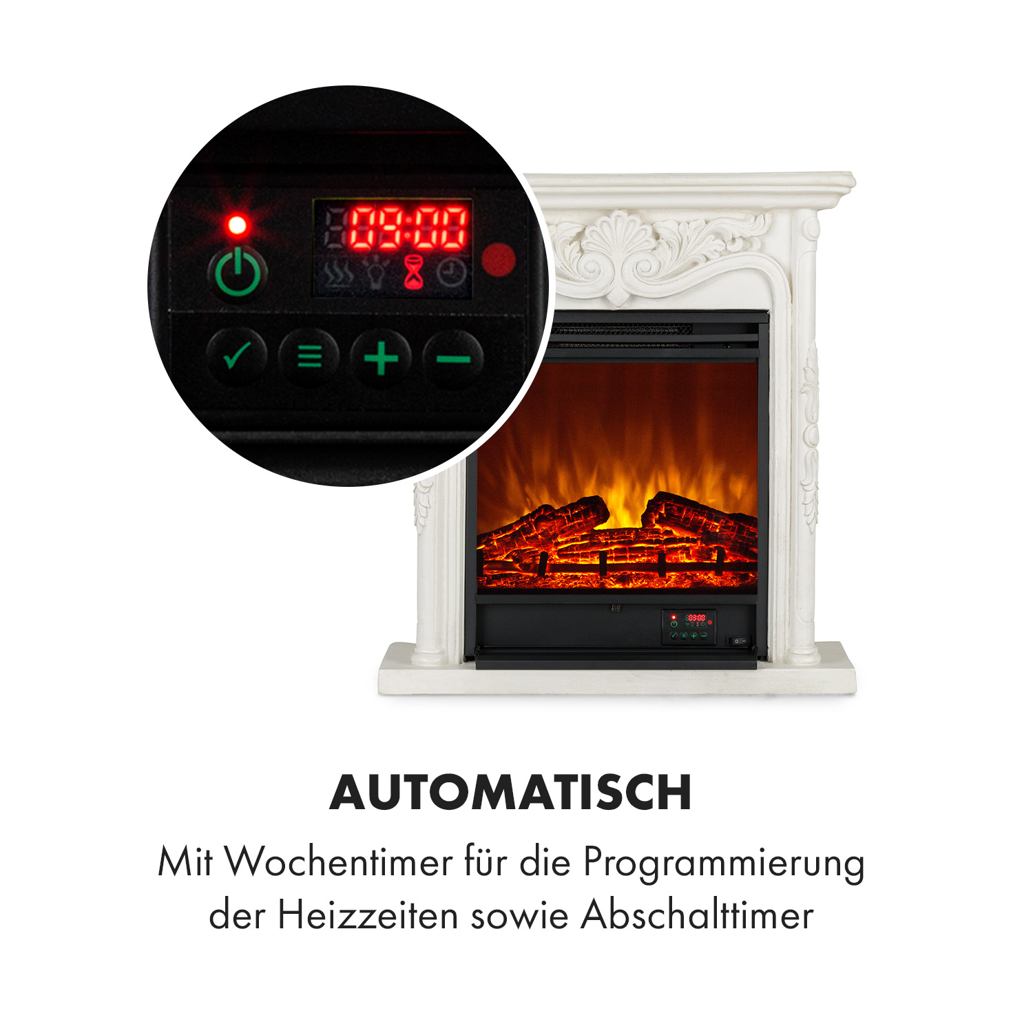 Ein weißer Kamin mit schwarzem Display, das 09:00 anzeigt, mit rotem Licht und einem leuchtenden Feuereffekt.