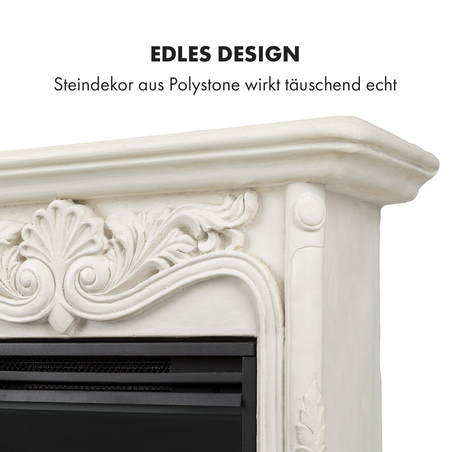 Nahaufnahme eines weißen Kamins mit aufwendigen Blumenschnitzereien. Die Basis ist schwarz mit einem Bildschirm. Oben steht 'EDLES DESIGN'.