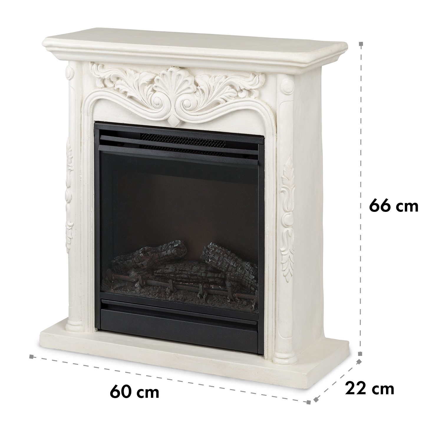 Ein cremefarbener Kamin mit schwarzem Innenraum. Er hat dekorative Schnitzereien und die Maße 60x22x66 cm. Der Feuerraum enthält künstliche Holzscheite.