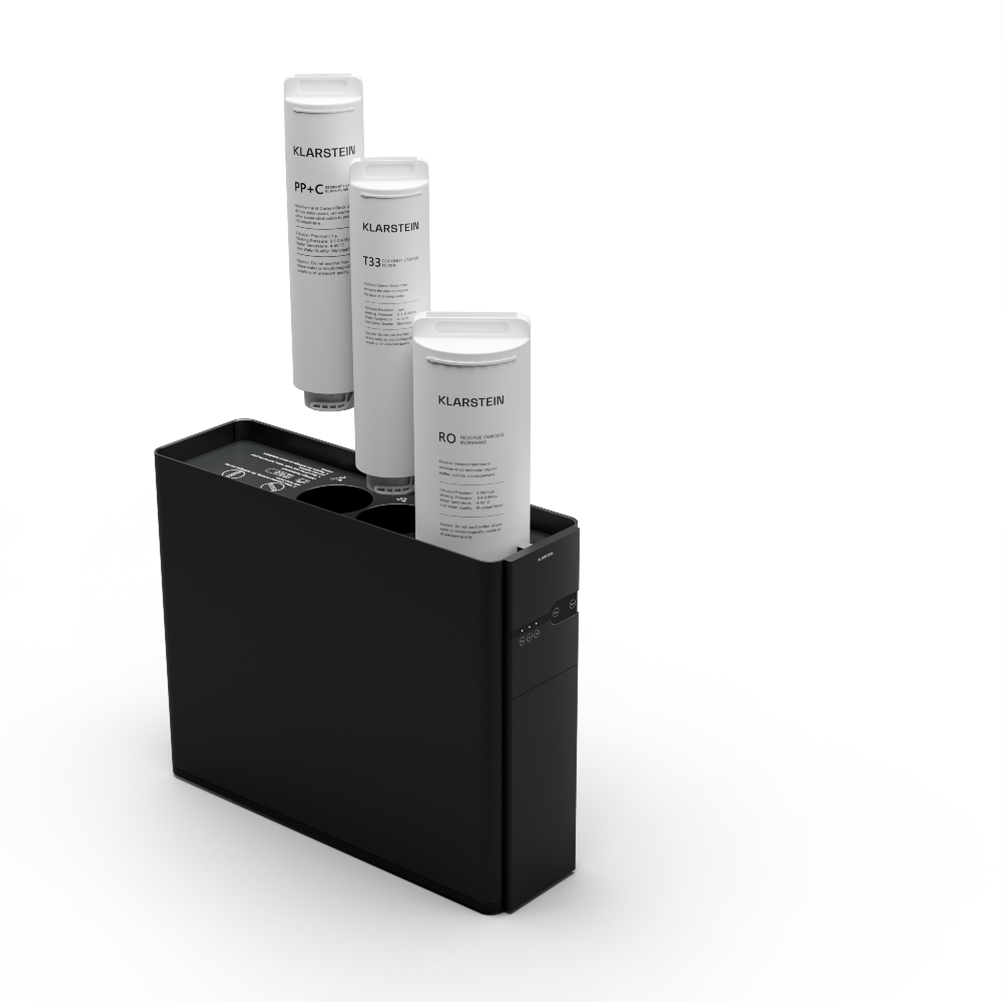 Ein schwarzes Wasserfiltersystem mit drei weißen Filtern. Die Filter sind mit Klarstein beschriftet.