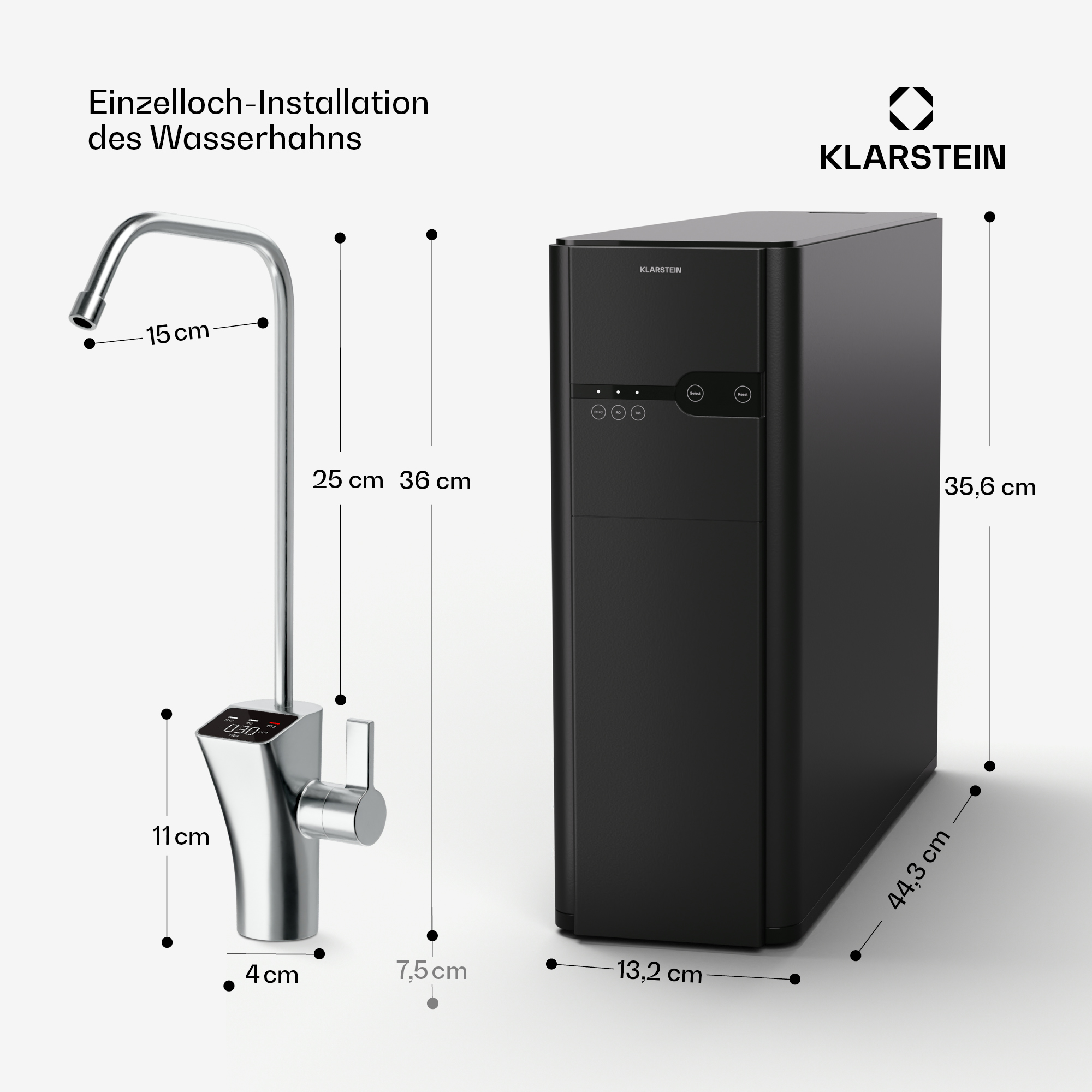 Ein silberner Wasserhahn und eine schwarze Wasserfiltermaschine mit Größenangaben. Die Marke ist Klarstein.