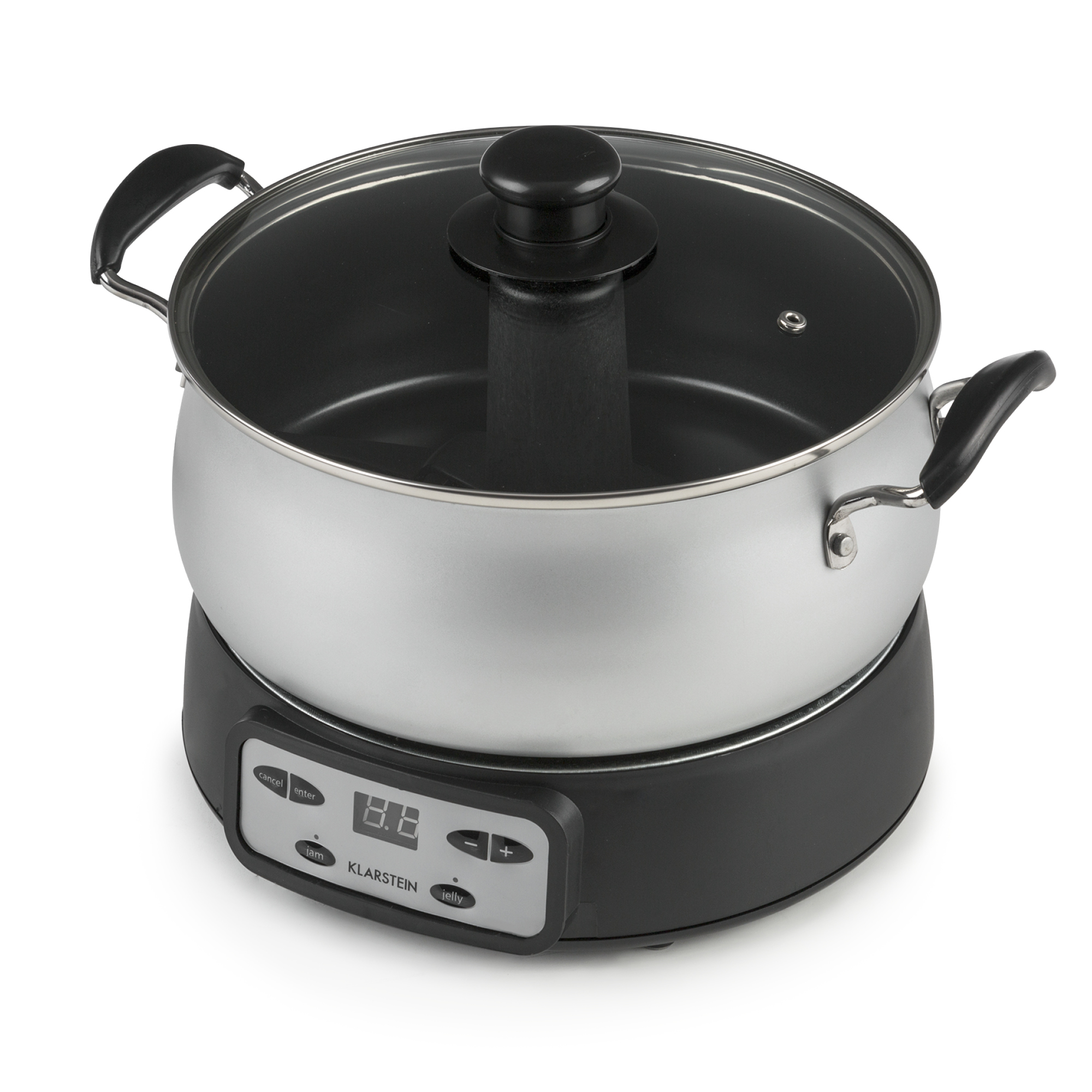 Pentola per fonduta elettrica. Pentola argentata con manici e coperchio neri. Base nera con display digitale e pulsanti.