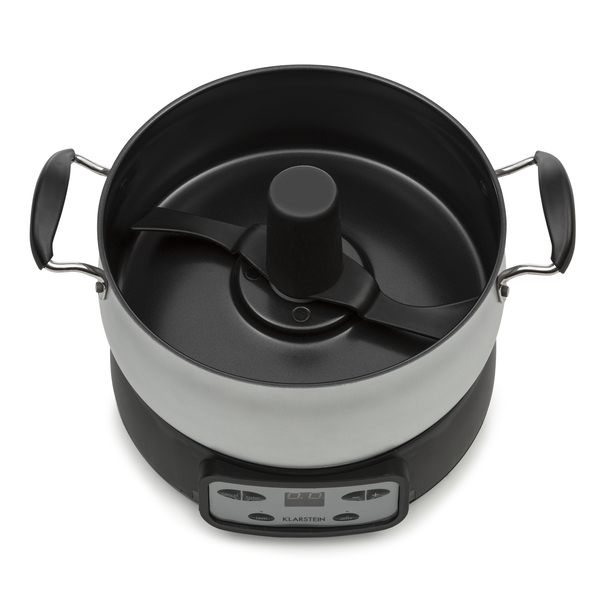 Un robot da cucina con una lama nera all'interno di una ciotola argentata e nera. Ha maniglie e un pannello di controllo.