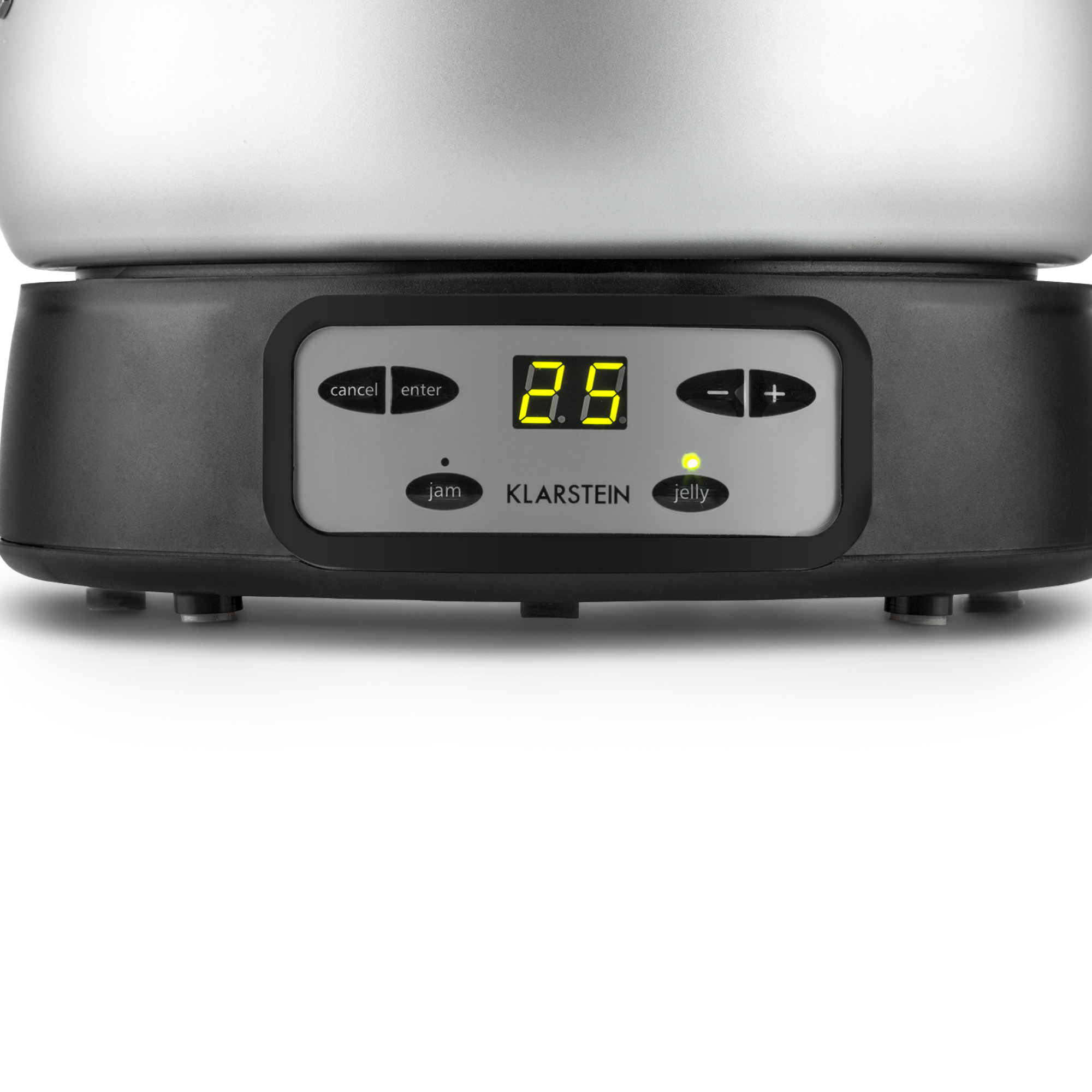 Primo piano di un elettrodomestico nero e argento. Ha un display digitale che mostra '2.6' e pulsanti con etichette 'jam' e 'jelly'.