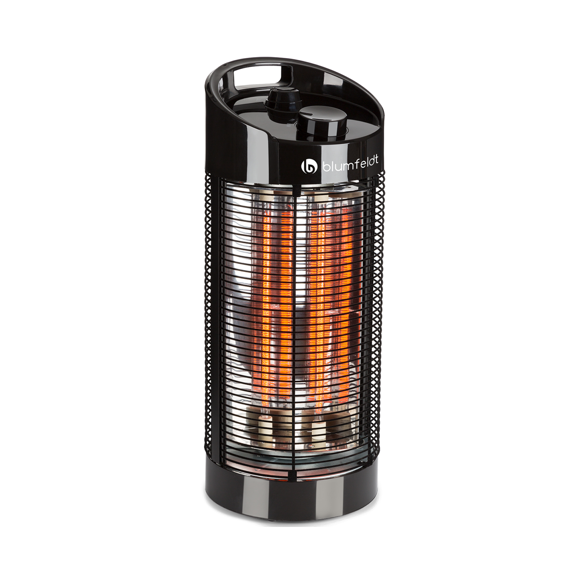 Un termoventilatore elettrico blumfeldt nero. Ha forma cilindrica, con una gabbia a rete e una maniglia. L'interno è arancione.