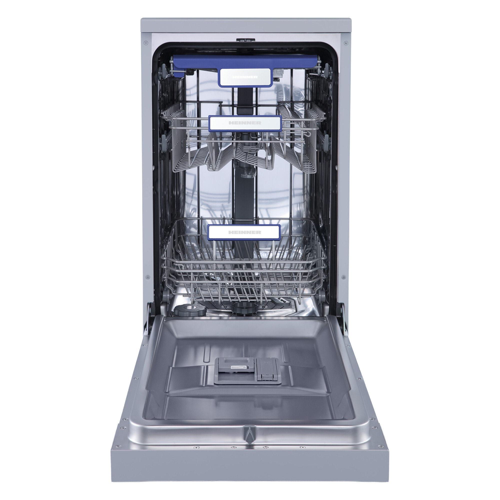 Open dishwasher with two racks inside. The door is open. The brand HEINNER is visible.