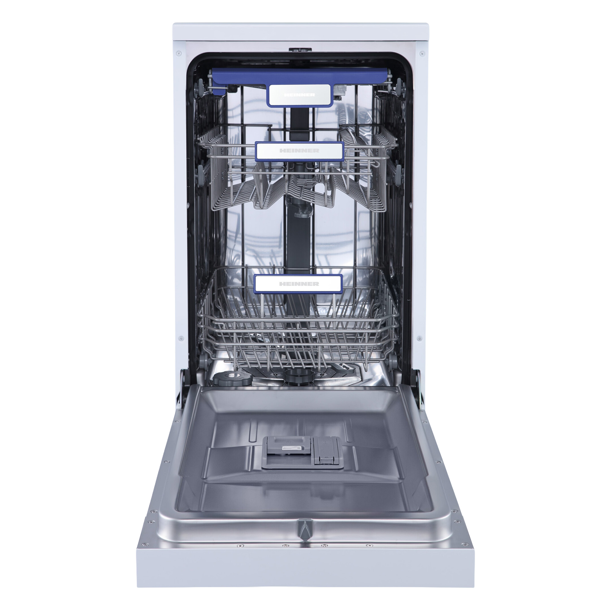 Open dishwasher with racks. Blue and white interior. HEINNER logo visible on racks. Door is open, showing the inside.
