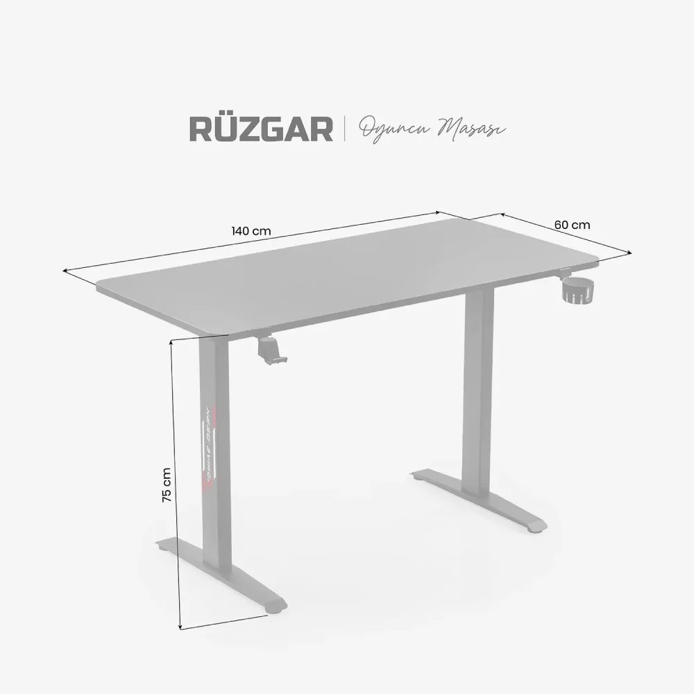 Boyutları belirtilen gri bir oyun masası. Masanın bardak tutucusu ve 140cm x 60cm x 75cm ölçüleri var.