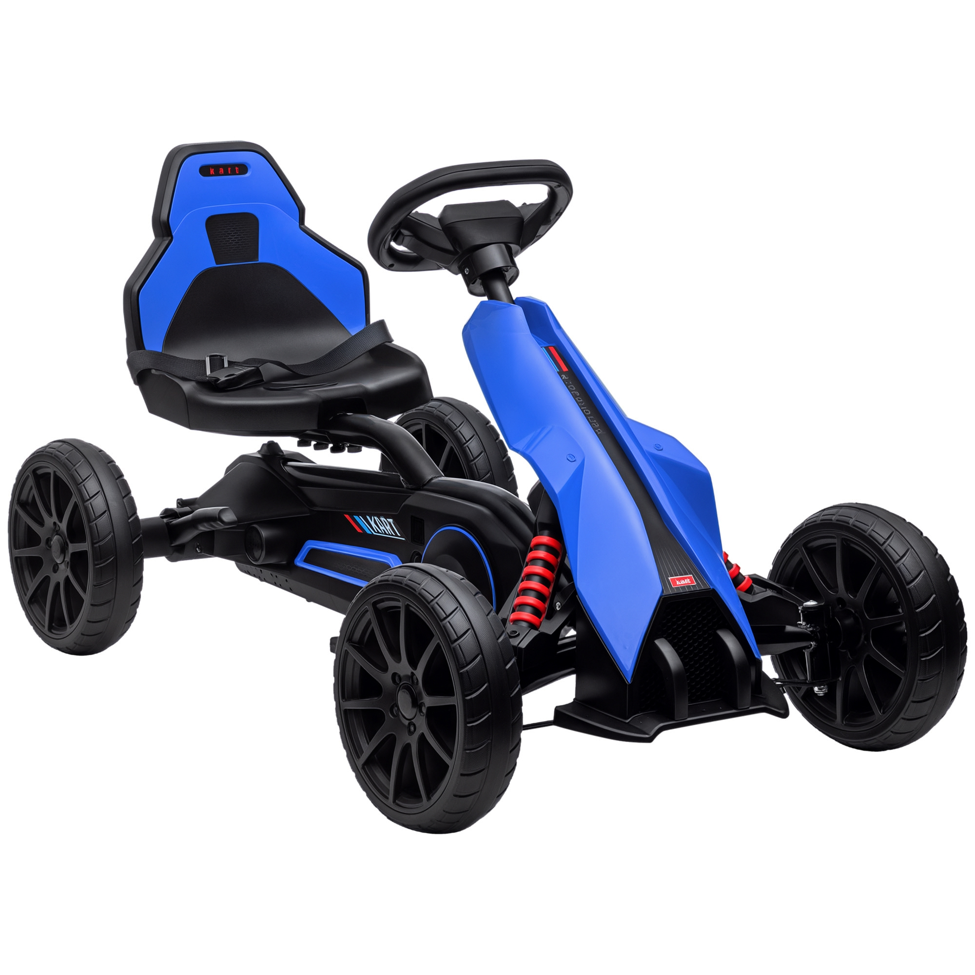 Un go-kart blu e nero su sfondo bianco. Ha un volante, un sedile e quattro ruote nere.
