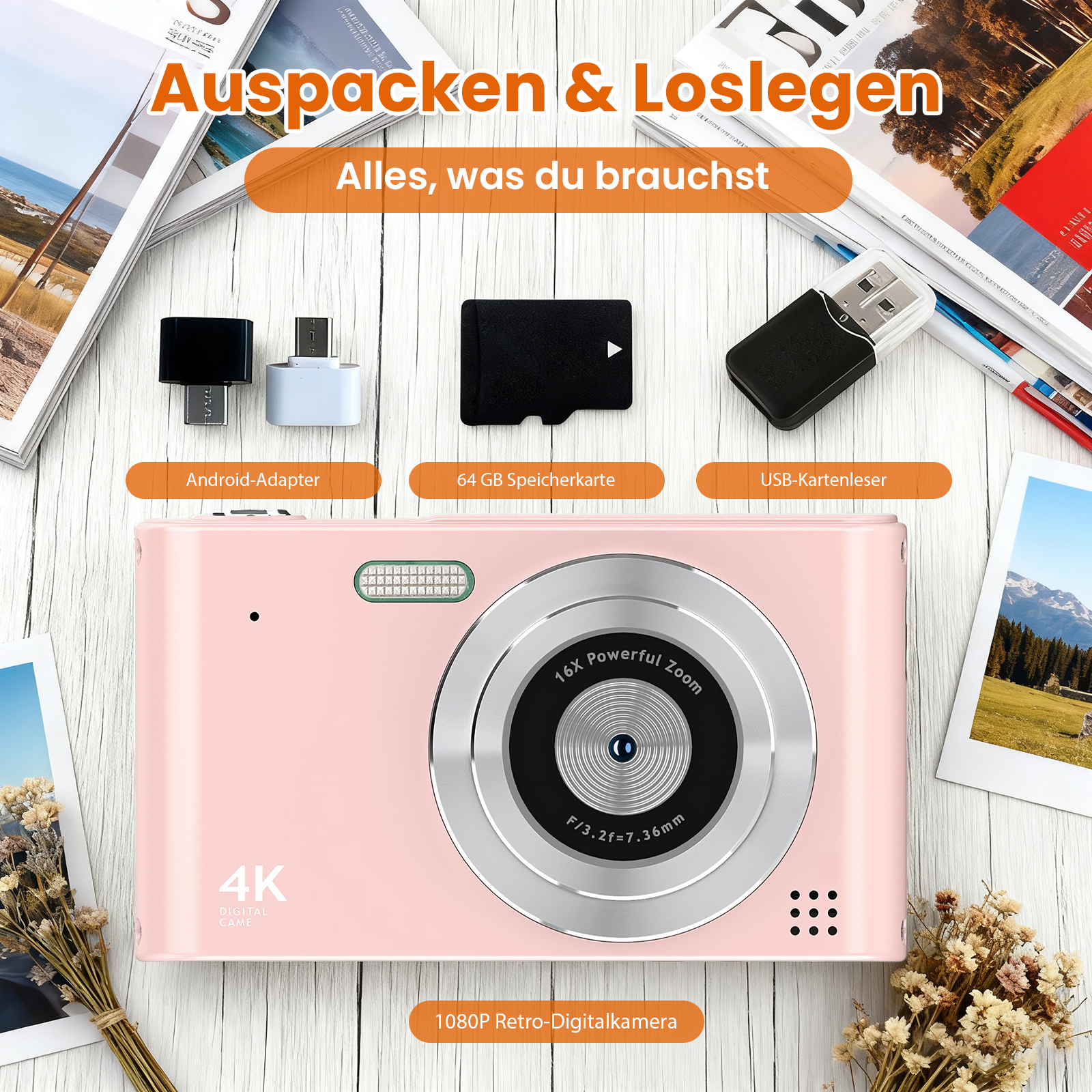 Rosa Retro-Digitalkamera mit Zubehör, inkl. Adapter, SD-Karte und USB-Leser auf Holzoberfläche.