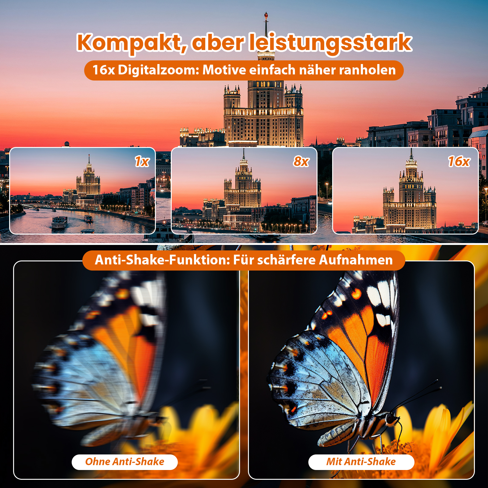 Das Bild zeigt ein Gebäude in der Abenddämmerung, Zoomstufen 1x, 8x und 16x. Ein Schmetterling mit und ohne Verwacklungsschutz.