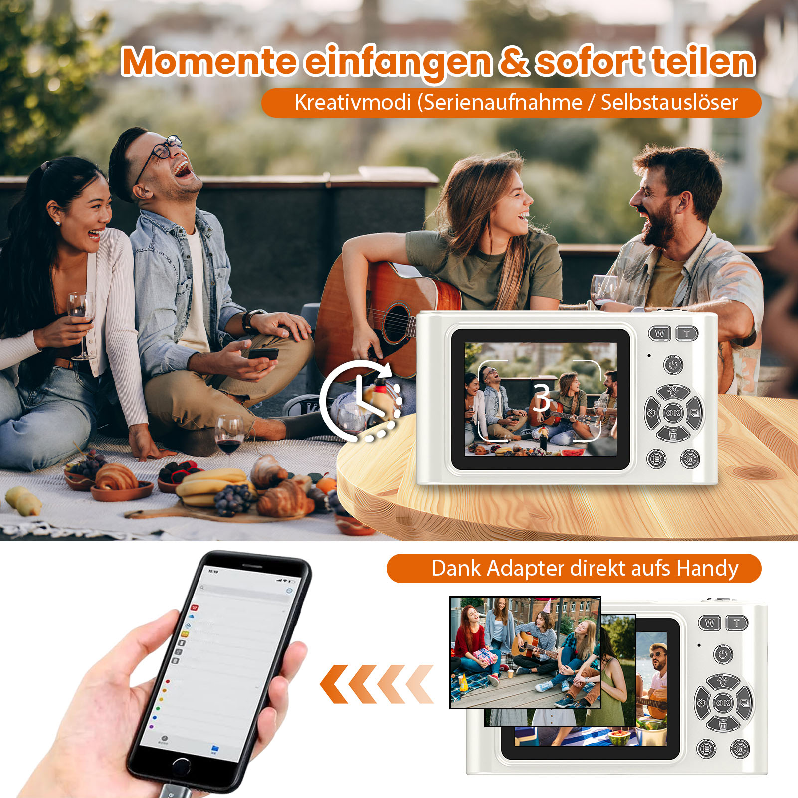 Menschen lachen mit Essen und einer Kamera. Die Kamera zeigt eine Gruppe von Menschen und hat Knöpfe.