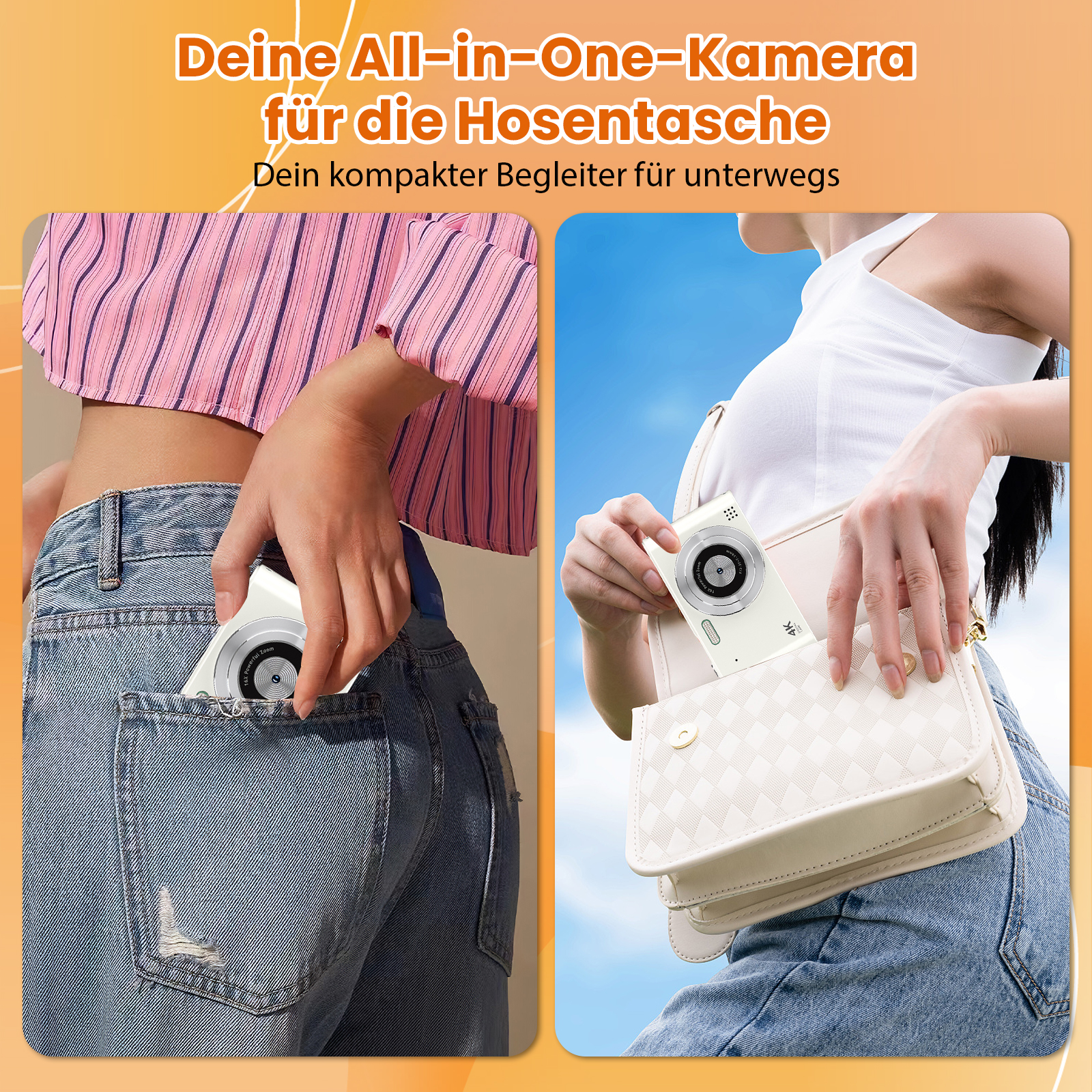 Eine weiße Kamera wird in zwei Szenarien gezeigt: einmal in einer Tasche und einmal in einer Handtasche. Der Text lautet All-in-One-Kamera.