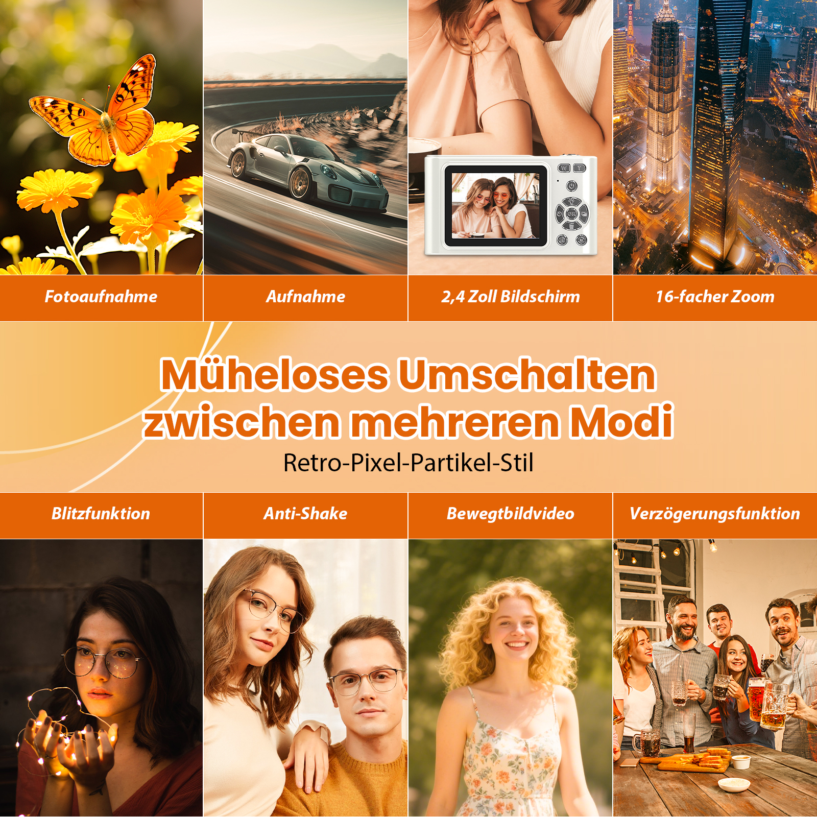 Das Bild zeigt Produktmerkmale mit Bildern von einem Schmetterling, einem Auto, einer Kamera und einer Nachtstadt.