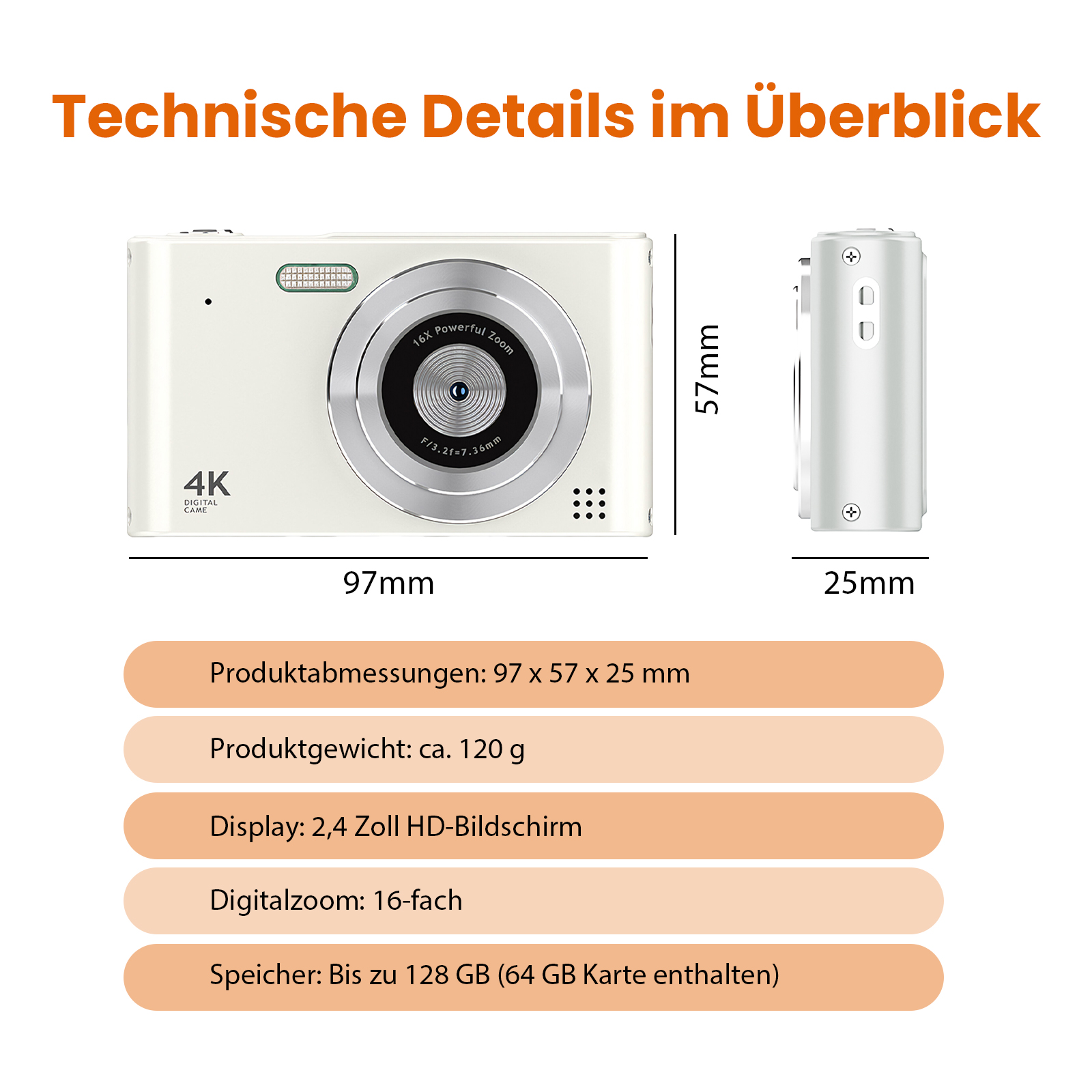 Eine weiße Digitalkamera mit Spezifikationen. Abmessungen, Gewicht, Bildschirmgröße, Zoom und Speicher sind aufgeführt.