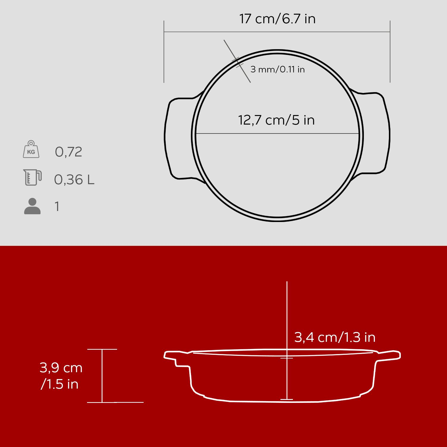 Cm ve inç cinsinden ölçüleri olan bir tava şeması. Ağırlık 0,72 kg, hacim 0,36 L. Çap ve derinlik içerir.